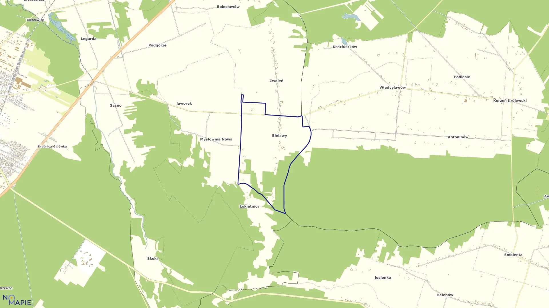 Mapa obrębu BIELAWY w gminie Gostynin